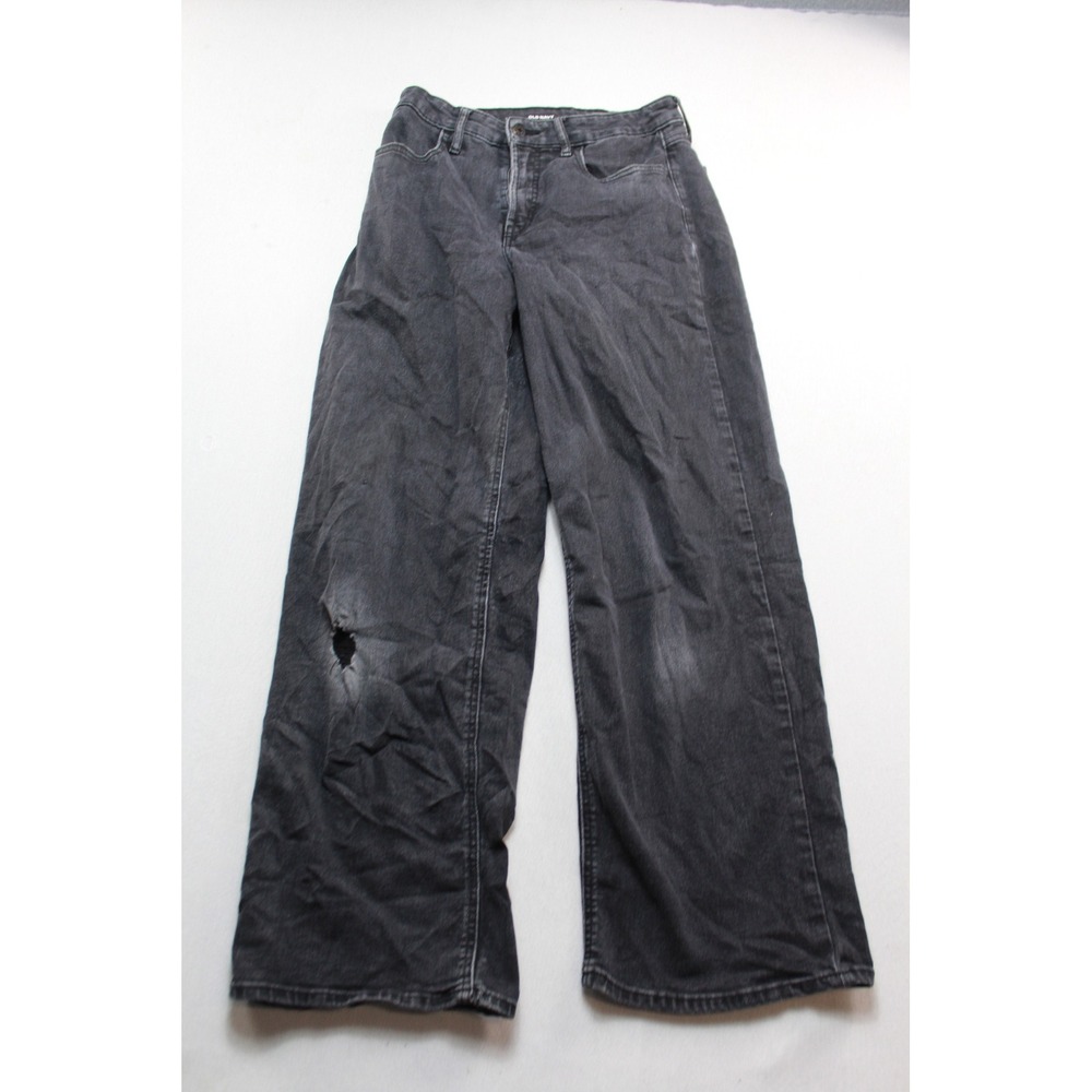 Old Navy Wide Leg Jeans Womens 10 Black Good Distressed High Rise Washed Denim